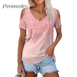 Women's T Shirts Camisetas Ladies Tees Summer Fashionable Casual Plaid Gradient Printed Top Off-Shoulder V-Neck Short Sleeve Tee Shirt