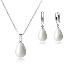 Wedding Jewellery Sets 925 Sterling Silver Pearl Pendant Necklace Ring Earrings White Teardrop Womens Party Gift