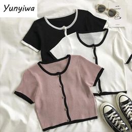 Women's T Shirts Korean Knit Cardigan TShirts Short Sleeve Cropped Tops Woman Tees Fashion Summer Femme Patchwork