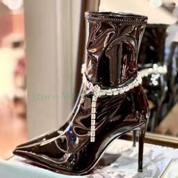 Boots Crystal Pendant Black Patent Booties Women Pointy Short Diamond Chain Shoes High Stiletto Heel Gorgeous Autumn