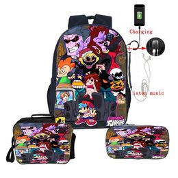 Backpack 3PCs Set Friday Night Funkin Beautiful 3D Print BookBag Boys Girl School Backpacks USB Charge Travel Knapsack Lunch Box 296z