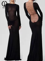 Casual Dresses Sexy Mesh Backless Sheer Long Women's Dress Black Fashion Lace Up Sleeve Lady's 2024 Chic Female Party Vestidos Y2k