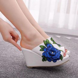 Slippers Female Shoes Big Size Flower Low Ladies' Peep Toe Platform On A Wedge 2024 Rome TPR PU Slides Scandals Floral