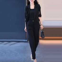 3 Pcs/Set Women Business Suit V Neck Vest Half Sleeve Lapel Out Coat Harem Commute Style Lady Jacket Top Pants Set