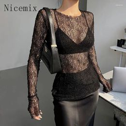 Women's T Shirts American Fashion Women Clothes Solid Colour Sexy Mesh Hollow Skin Penetrating Round Neck Slim Long Sleeve T-shirt Top