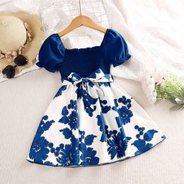 Summer New Sweet Print Patchwork Bubble Sleeve Blue Princess Skirt Birthday Party Dress Girl Baby Children's Clothing L2405