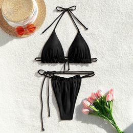 Women's Swimwear Black String Bikini Ruched Bikinis Sets Swimsuit Halter Lace Up Backless Triangle Thong Micro Women Beach Bathing Suits