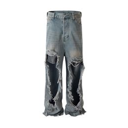 Streetwear Blue Distressed Baggy Jeans for Men and Women Pantalones Hombre Ripped Big Hole Denim Trousers Oversized Cargos 240511