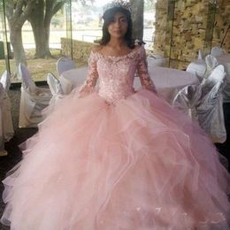 Cascading Ruffles Ball Gown Quinceanera Dresses Long Sleeve Hollow Back Illusion Bodice Sweep Train Applique Prom Party Gowns Sweet 15 318P