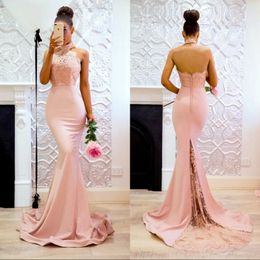 Baby Pink Mermaid Prom Dresses Long Halter Neck Lace Evening Party Gowns Sweep Train Backless Bridesmaid Dress Women Gowns 258Z