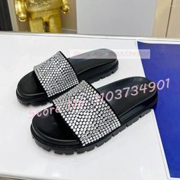 Slippers Sparkly Full Crystals Flats Women Outside Triangle Print Round Open Toe Comfy Beach Shoes Summer Trending Black