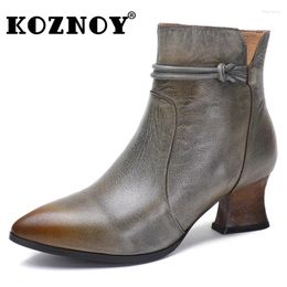 Boots Koznoy 5cm Cow Genuine Leather Fashion Point Toe Woman Elegance Autumn Ankle Booties Comfy Luxury Chunky Heels ZIP Spring Shoes