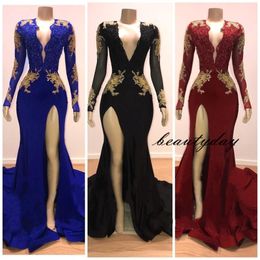 Mermaid Prom Dresses 2019 Gold Lace Evening Dress Party Gowns Long Sleeve Special Occasion Dress Front Split 2k19 Black Girl Couple Day 273j