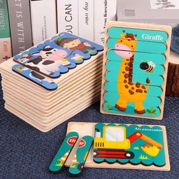 Other Toys Double sided 3D puzzle baby made of wooden Montessori materials educational large building blocks childrens learning toys