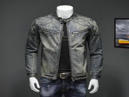 Men039s Blue Denim Vintage Classic Biker Motorcycle Jacket Stand Collar Retro Slim Fit Distressed Racer Jeans Coat Drop Shippin1139036916