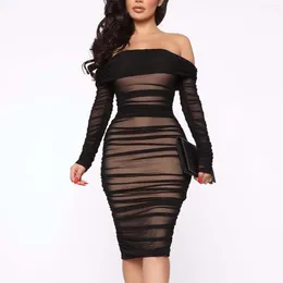 Casual Dresses Graceful Chic Pleated Women's Sexy Off Shoulder Long Sleeve Party Dress Slash Neck Mid Length Bag Hip