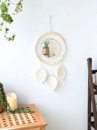 Decorative Objects Figurines Wall Round Mirror Handmade Macrame White Leaf Bohemian Hanging Mirrors For Home Living Room Decor House Decoration H240516