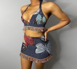 Vintage Butterfly Print Tassel Two Piece Dress Set Halter Top Bralette Mini Skirts Sexy Resort Wear Women 20217814892