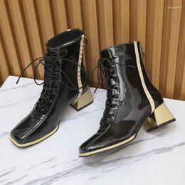 Boots Combat Women White PU Leather Motorcycle Punk Gothic Shoes Fashion Lace Up Black Ankle High Heel Boot