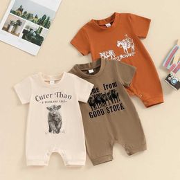 Rompers Baby Summer jumpsuit for boys and girls short sleeved crew neck denim printed casual jumpsuit d240516