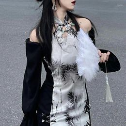 Ethnic Clothing 2024 Black Bamboo Qipao Sexy Off Shoulder Cheongsams Women Improved Chinese Dress High Split Vestidos Gothic Dark Dresses