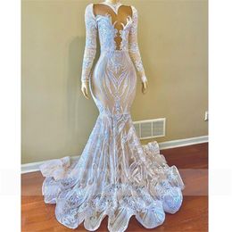 Black Girls Sexy Prom Dresses Sequined Lace Long Sleeves Backless ruffles sweep train Mermaid African Evening Dress Wear robes de soire 2051