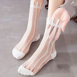 Women Socks Fashion Cute Japanese Style For Summer Transparent Middle Tube Glass Silk Striped Female Hosiery