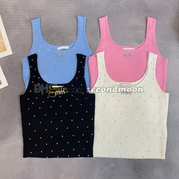 Full Rhinestone Tanks Top Women Knits T Shirt Solid Colour Sport Vest Casual Style Sleeveless Tees