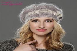 LILIYABAIHE NEW winterWomen beret hat knitted wool angora beret The classic grid of mink flower decoration cap Double warm hat261C9138700