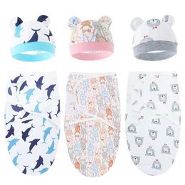 Sleeping Bags 2018 Cotton Newborn Swade Packaging Hat Set Cartoon Baby Sleeping Bag Newborn Blanket Baby Bed Accessories Y240517