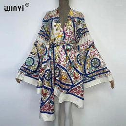 Europe WINYI Lady Beach Cover Up Cardigan Sexy Boho Free Size Holiday Long Sleeve With Belt Kimono Colourful Printed Kaftan