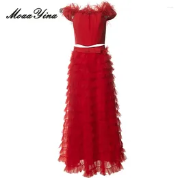 Work Dresses MoaaYina Summer Fashion Runway Party Red Long Skirt Suit Women's Tassel One Word Collar Tops High Waist Cascading Flounces