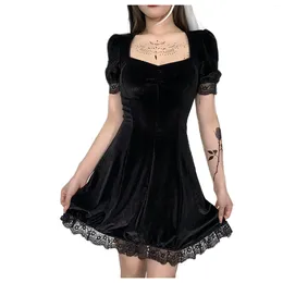 Casual Dresses Gothic Black Velvet Short Sleeve Dress Cute Sweet Lolita Short-Sleeves Lace Princess Party Vestido Spring Summer Women