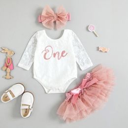 Clothing Sets Baby Girls My First Birthday Outfits Cute Long Sleeve Floral Lace Romper Tutu Skirt Headband Set Sweety Clothes