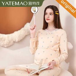 Sleep Lounge YATEMAO Nursing Clothing Pregnant Womens Pajamas Cotton Pregnant Womens Pajamas Set Pregnant Womens Long sleeved Top and Pants Winter Pajamas d240516