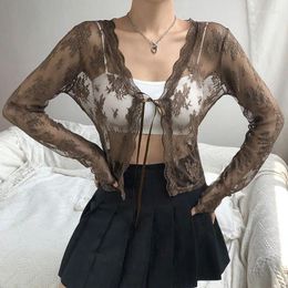 Women's Blouses Lucyever Women Sexy Lace See Through Mesh Shirts Summer Hollow Out Sun Protection Blouse Female Elegant Chic Wear Crop Tops