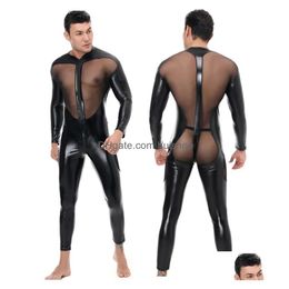 Catsuit Costumes Patent Leather Mens Sexy Long Sleeves Zipper Open Crotch Zentai Jumpsuit Hollow Out Mesh Splice Fl Bodysuit Drop De Dhp6I