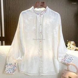 Ethnic Clothing 2024 Chinese Style White Embroidery Vintage Shirt Women Spring Zen Plate Buckle Tang Suit Hanfu Long Sleeve Top W264