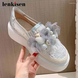 Fitness Shoes Lenkisen Gladiator Genuine Leather Bling Leisure Pearl Slip On Thick Bottom Sneakers Round Toe Beauty Lady Vulcanized L89