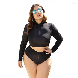 Women's Swimwear Plus Size Black Two-piece Separate Swimsuit Women Summer Long Sleeve Rash Guard BBW Zipper High Waist Bathing Suits