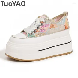 Casual Shoes 8.5cm Air Mesh Synthetic Platform Wedge Bling Leather Comfort High Brand Summer Lace Up Flat Chunky Sneaker