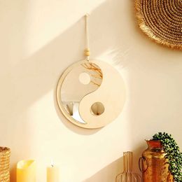 Decorative Objects Figurines Wooden Mirror Home Decor Boho Wall Mirrors for Living Room Bedroom Tai Chi Yin Yang Wood House Feng Shui Decoration H240516