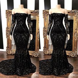 Luxury Black Off The Shoulder Sequins Mermaid Long Prom Dresses 2020 Long Sleeves Floor Length Formal Party Celebrity Dresses BC1422 258Y