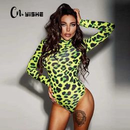 Tute da donna Rompers Cnyishe Leopard Prinetd neon Grn Women Bodysuits Long Slve Sexy Club Strtwear Surtwear Sciopruzioni Slim Wath Tops Rompers Y240515