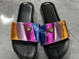 2024 Kurt Geiger Women Flat Bottom Slippers Splice Rainbow Sandals Designer Shoes Fashion Eagle Head Inlaid Diamond Slipper Summer Flat Beach Luxury Flip Flops