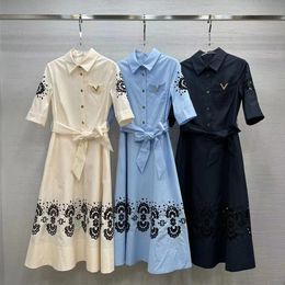 Cotton Heavy Industry Hollow out Embroidery Craft Flip Collar Middle Sleeve Large Swing Dress