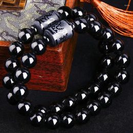 Charm Bracelets Bright Black Onyx National Wind Frosted Imitation Obsidian Dragon Phoenix Buddha Bracelet Natural Stone