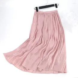 Skirts 2024 Spring Elastic High Waist Slim Pearl Silk Smooth Pleated Skirt Simple Solid Color Loose Women Long