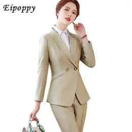 Women's Two Piece Pants Office Lady Khaki Black Blue Formal Pant Suit 2 Set Blazer Women Long Sleeve Single Breasted Work Wear Jacket And