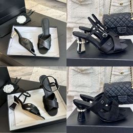 Luxury Full Crystals Heel Sandals Dress Wedding Shoes C Pearl-Embellished Satin Suede Black Pump Elegant Women Pearls High Heeled Slingback Slides Cross Strap Mule